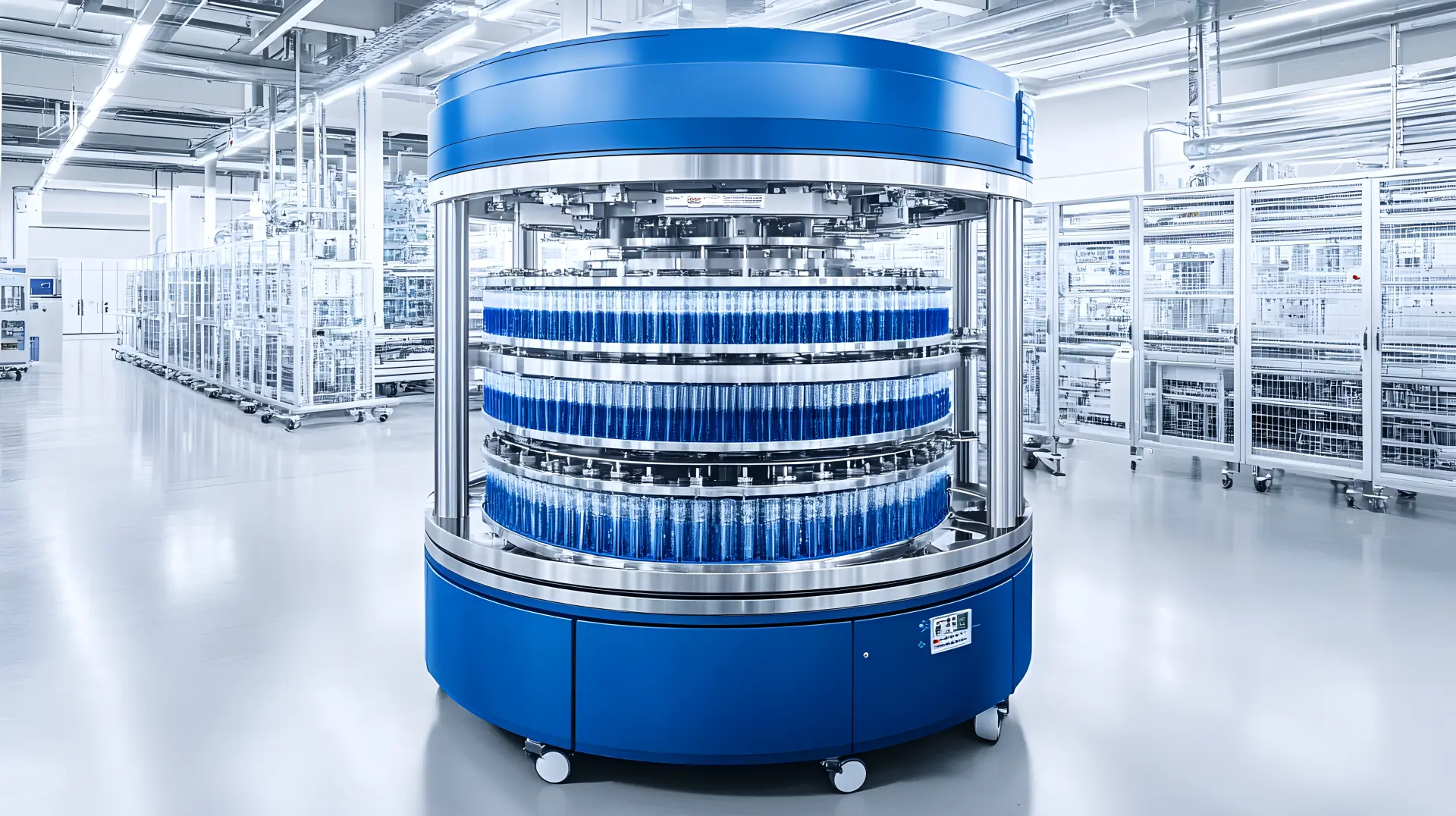 Blue and stainless circular machine with tiered carousels of bottles in a bright automated factory hall