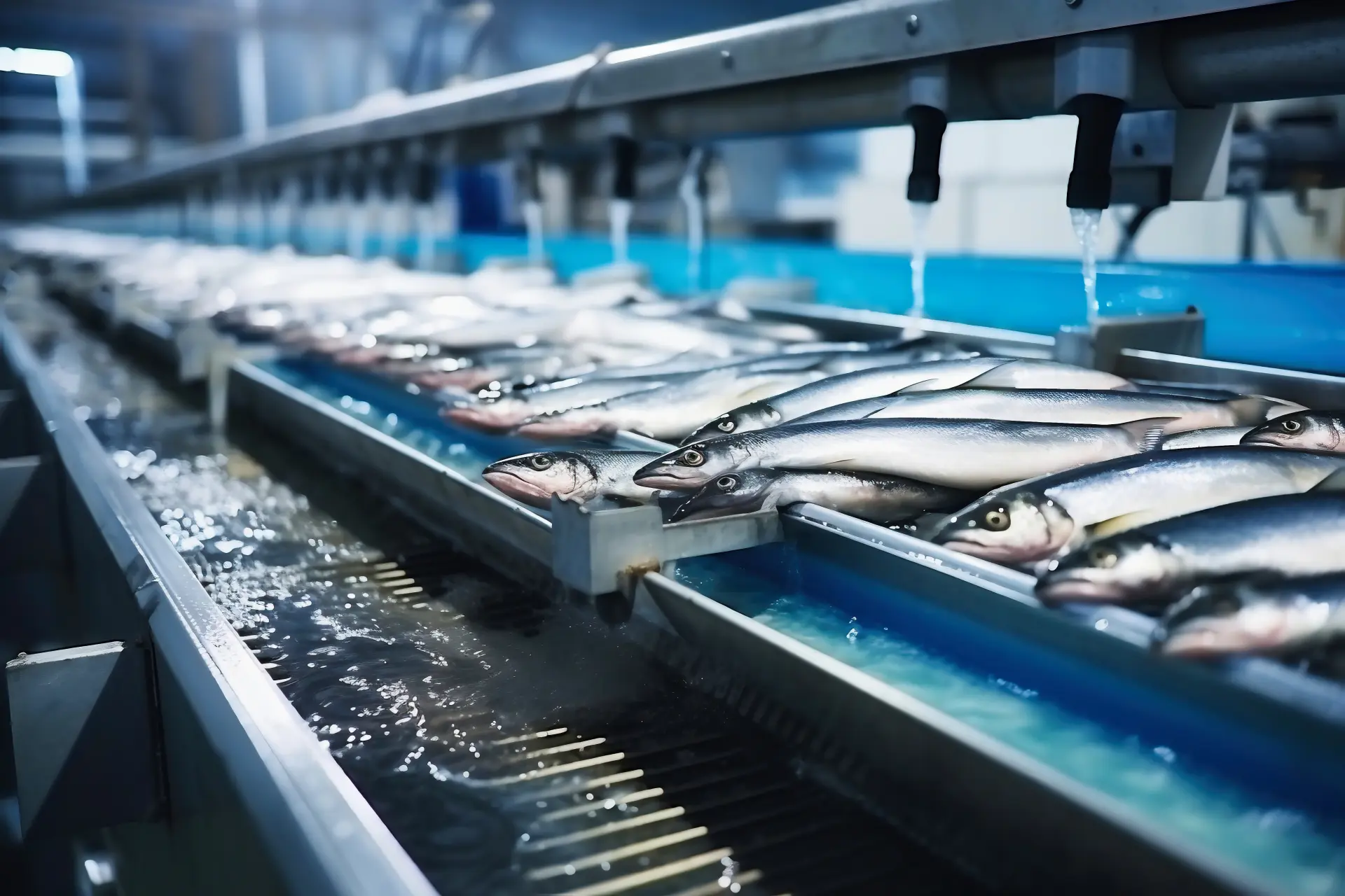 Whole fresh fish moving along a stainless steel conveyor under water sprays in a seafood processing line