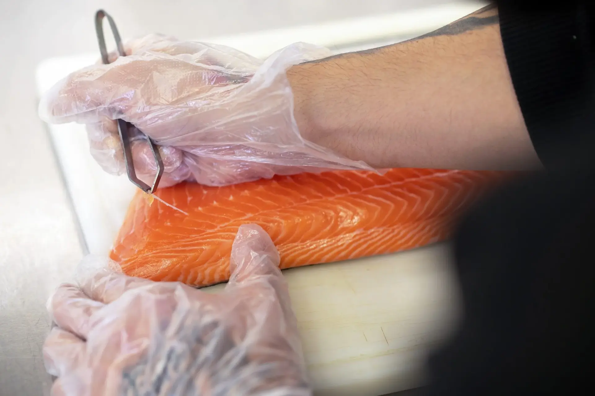 Sushi chef's hands cutting fish