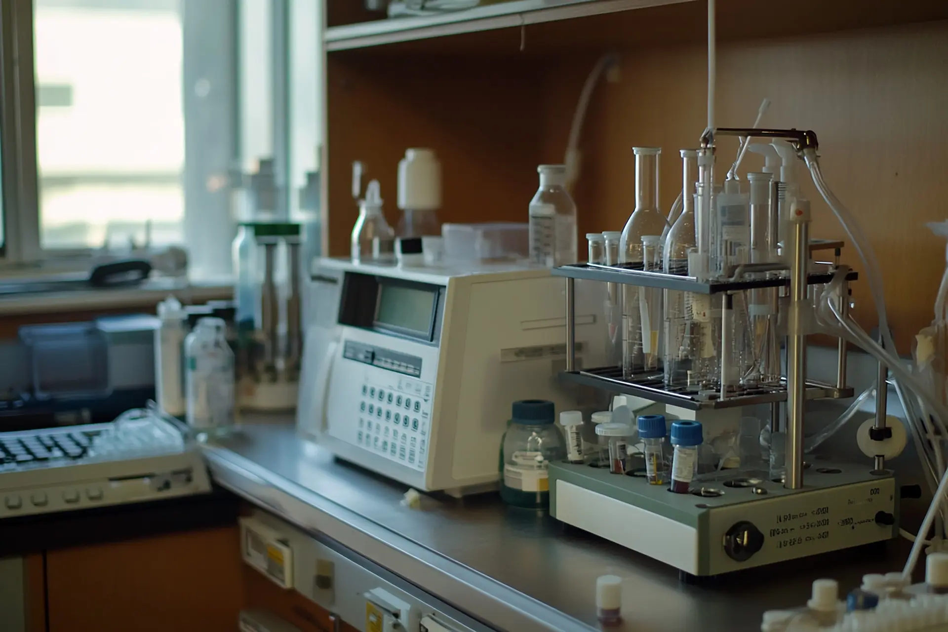 Lab bench with a benchtop analytical instrument, glassware held in a rack on a stirrer unit and sample vials