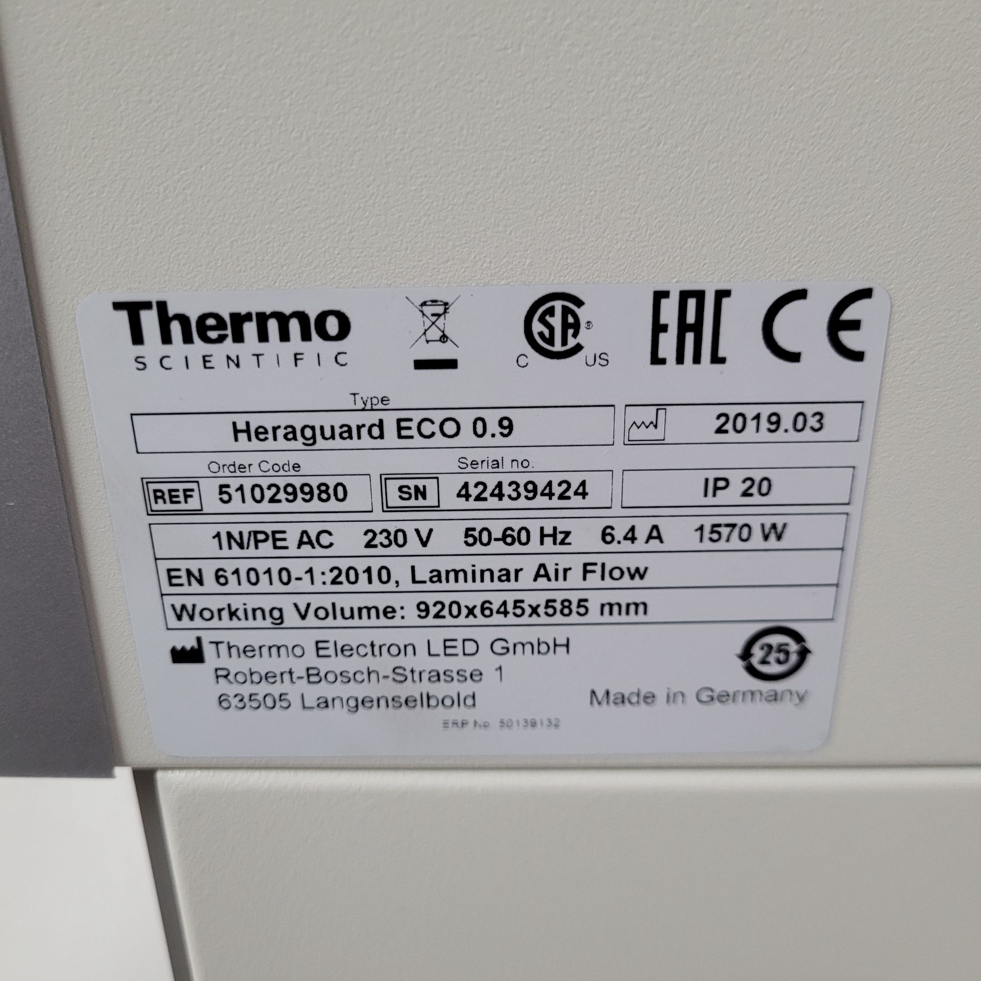 Used 2019-Thermo Scientific - Heraguard ECO 0.9-Laminar Flow Clean Bench - Laminar Flow Cabinets, photo 6