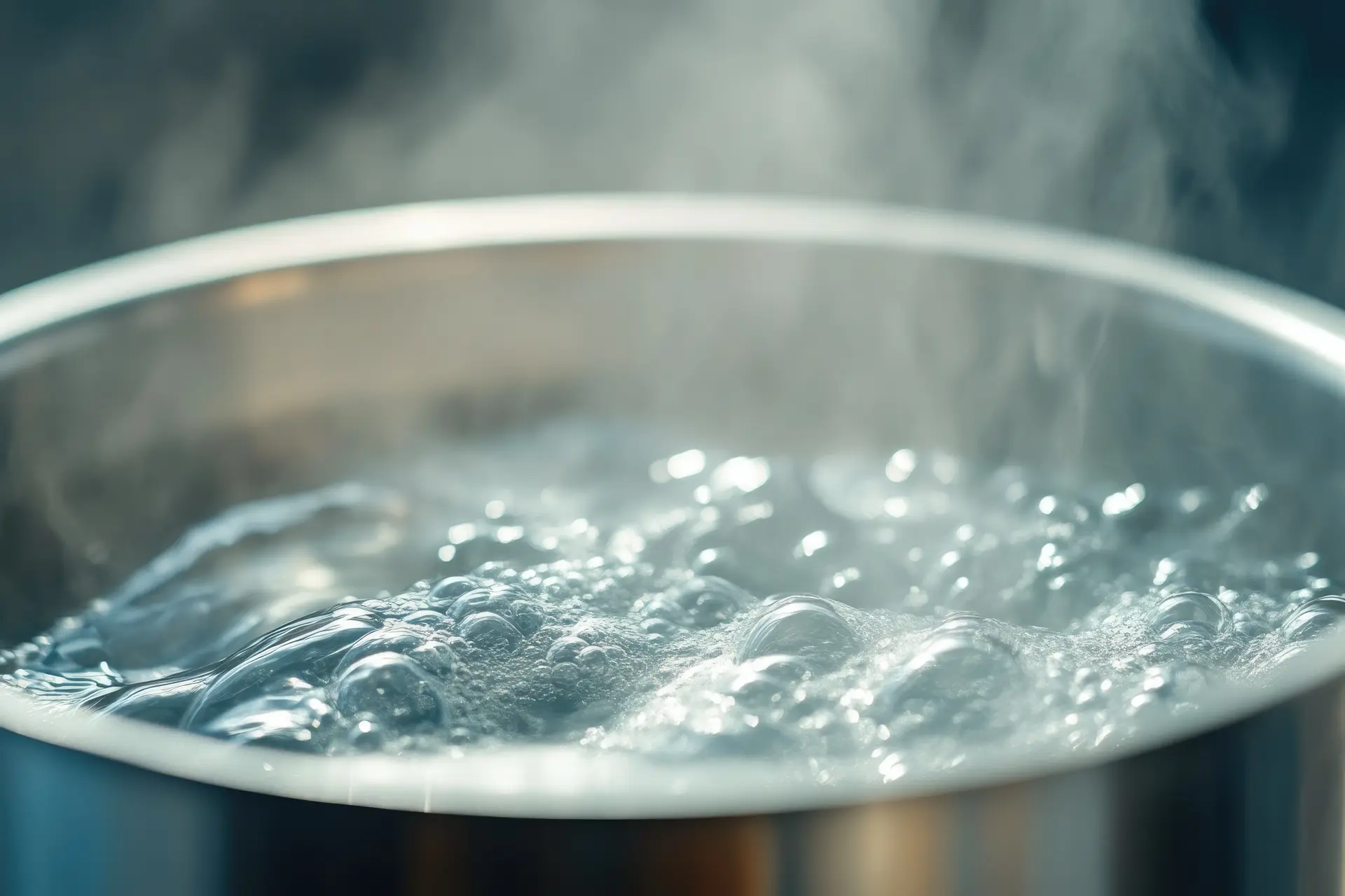 Close-up of heated water bubbling and steaming inside a stainless steel vessel