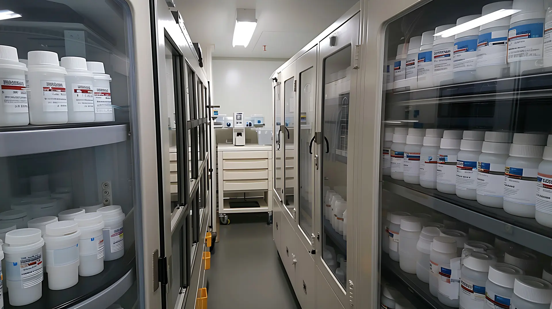 Laboratory storage cabinets with glass doors holding rows of labelled white chemical containers