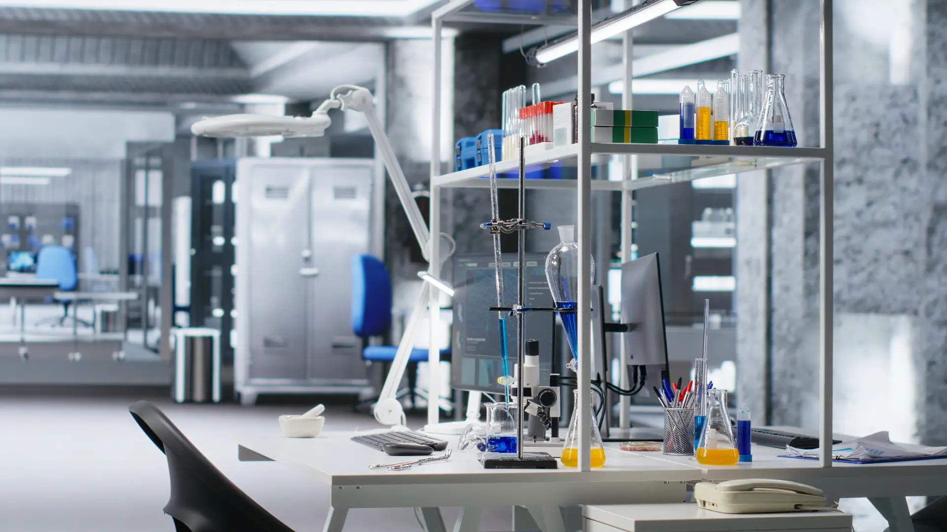 Empty modern laboratory with a bench of glass flasks, a microscope, shelving and metal storage cabinets
