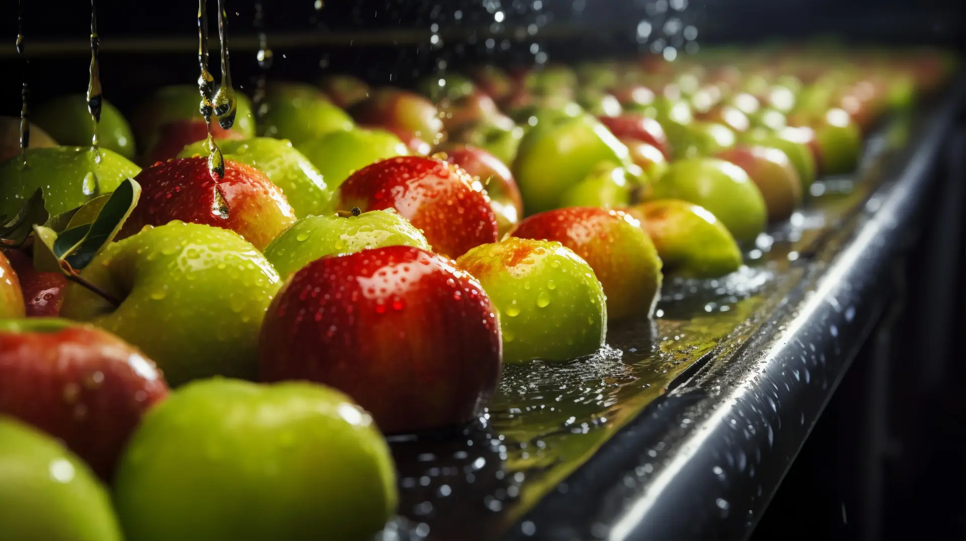 Red and green apples washed under water jets on a conveyor at the start of a fruit juice processing line