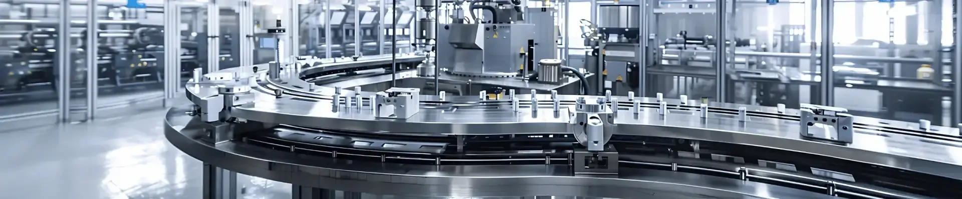 Curved stainless steel automated transfer track with fixtures in a bright, modern production facility