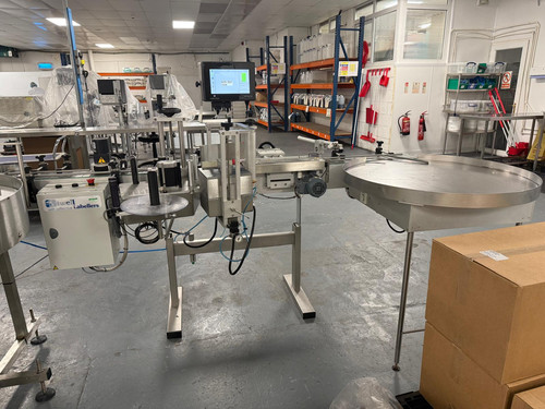 Used Atwell Wrap-Around Label Applicator, Rotary Collection Table & Markem X45 Printe - Labeling Machines, photo 1