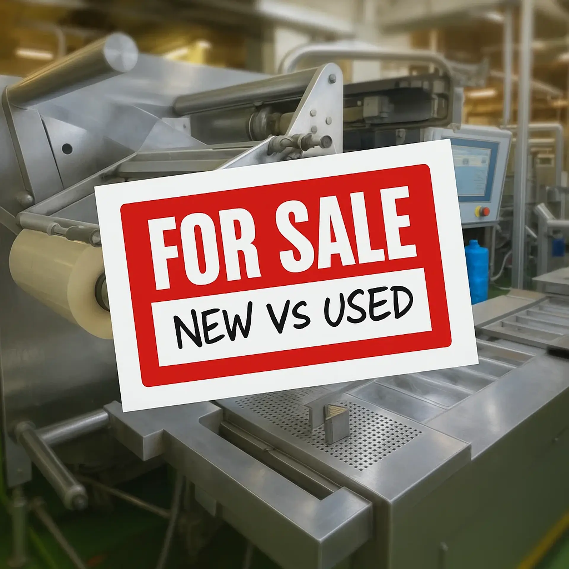 For Sale New vs Used sign in front of a stainless steel thermoforming packaging machine in a food factory