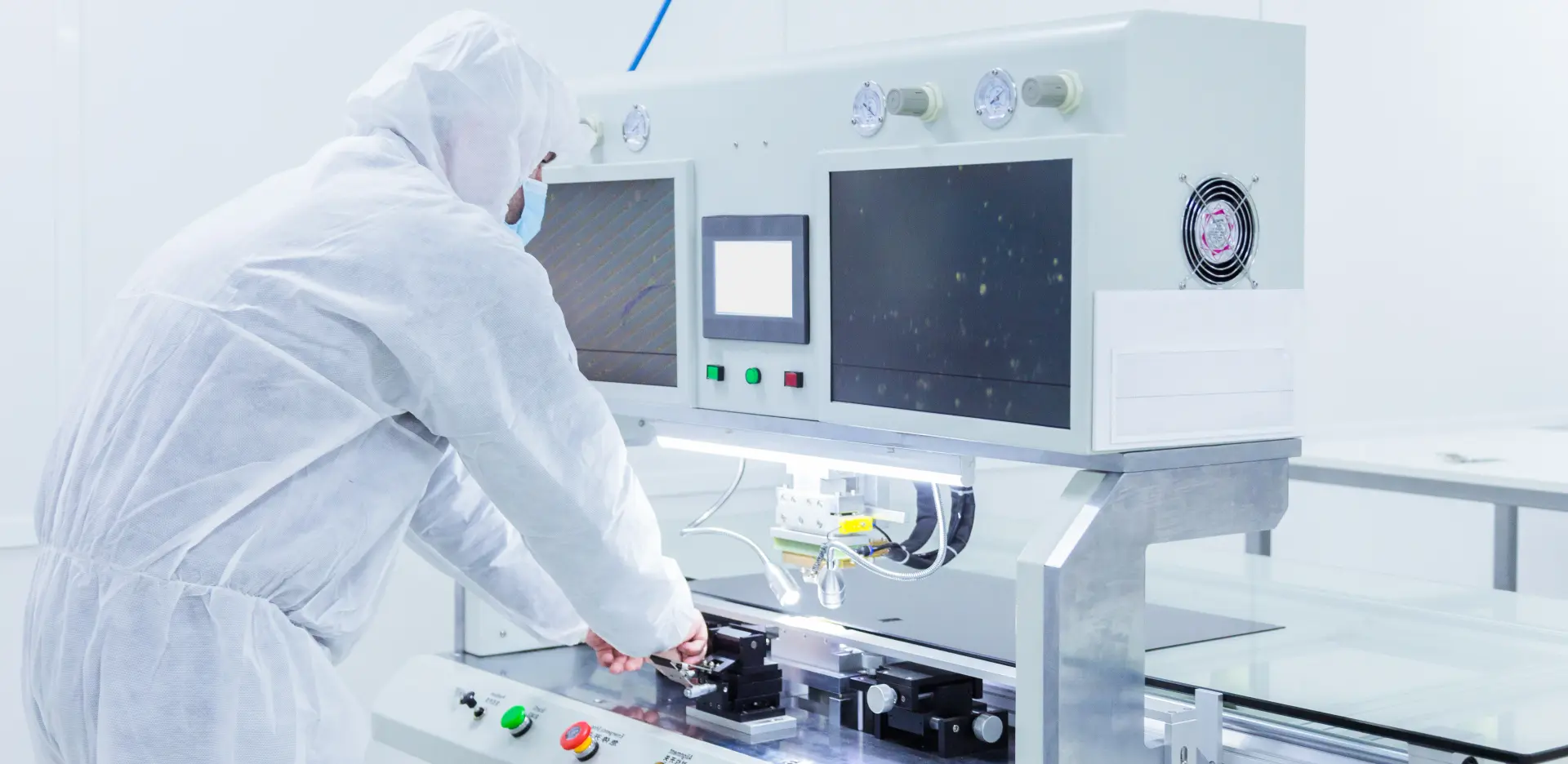 Operator in a white cleanroom suit working at an automated lab workstation fitted with screens and gauges