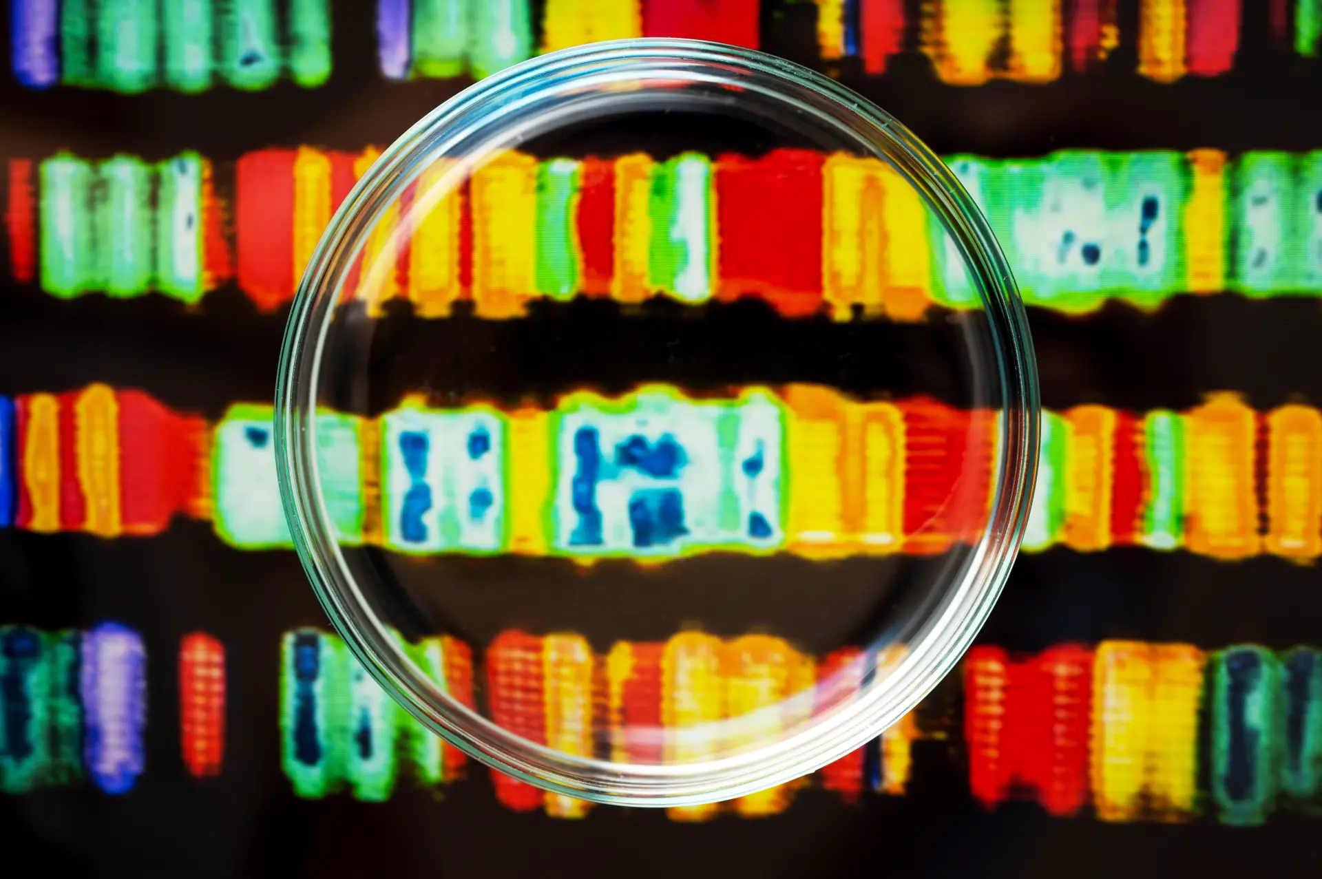 Clear glass petri dish held over a colourful chromosome banding pattern on a dark background